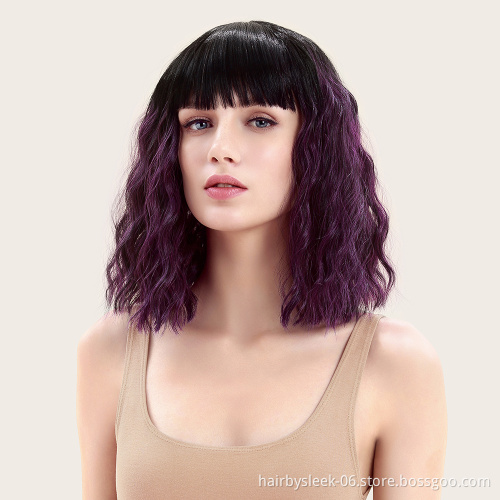 Wholesale fiber wig synthetic hair water Weave Machine Made Wigs High Quality Synthetic Hair for women With Bangs